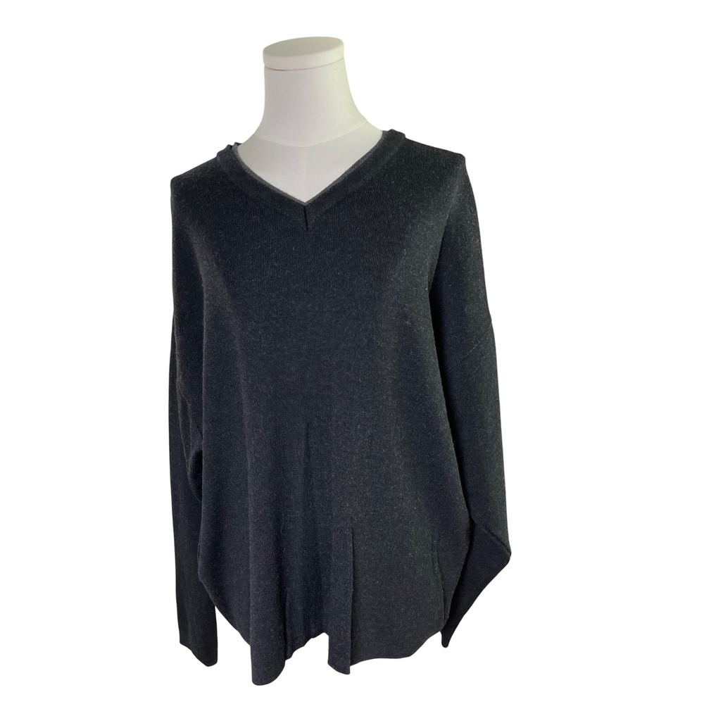 Men's Charcoal Wool Blend V-Neck Sweater L Quiet Luxury Minimal‎ Knit